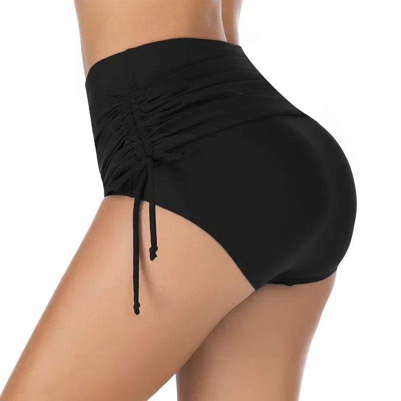 Women Summer Bandage Pleated Swimming Briefs Solid Color Elastic High Waist Swim Shorts Beach Shorts Sexy New Fashion Beachwear