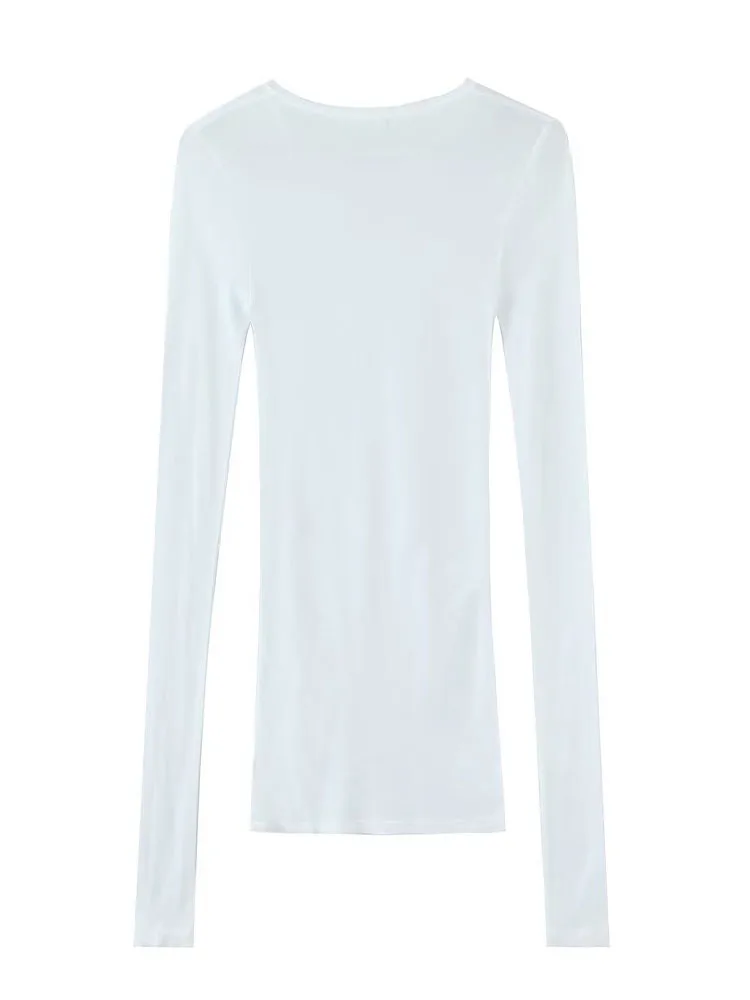 Hh mulher primavera nova moda versátil algodão em torno do pescoço de manga comprida camiseta feminina temperamento sólido simples magro 4 cores topos