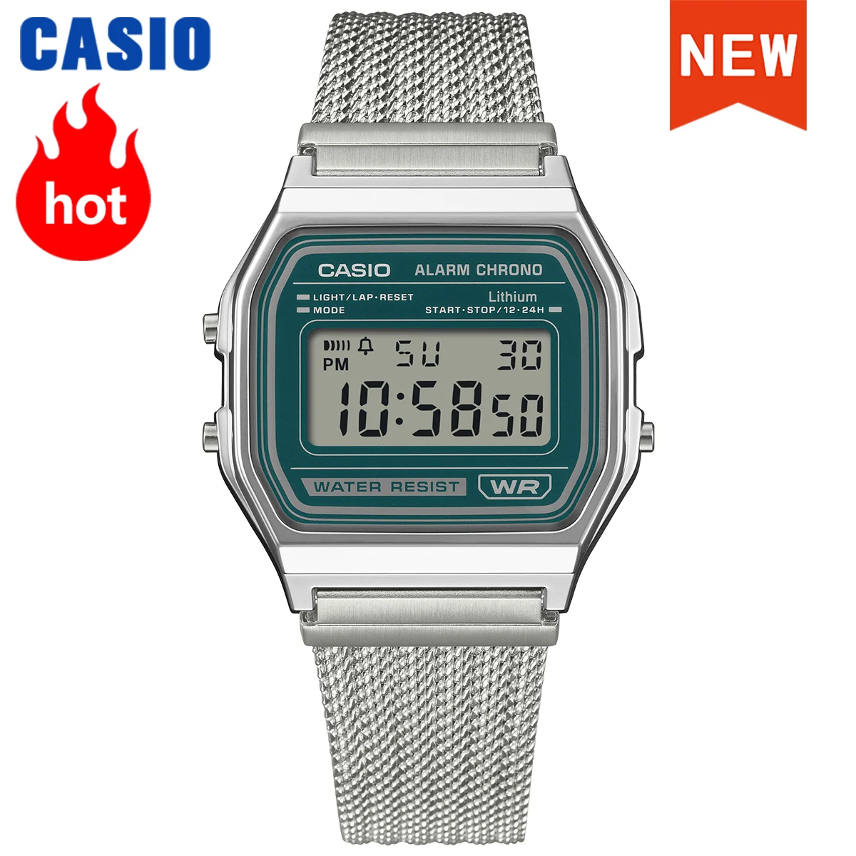 Reloj Cuadrado Plateado Pequeño Casio con Esfera Verde, Estilo Clásico, Reloj de Pulsera para Hombre, Nuevo Modelo 2026 A158WEM-3D