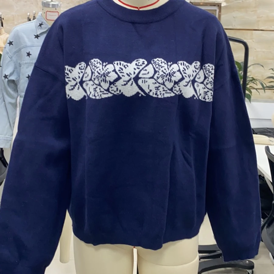 

Vintage Women's Fall Winter Sweater Loose Fit Casual Floral Pattern Ribbed Trim Crew Neck Long Sleeve Knit Tops