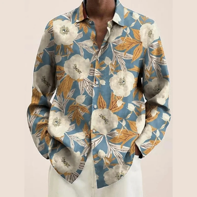 Vintage Plants Flowers Print Men's Shirts Casual Single-Breasted Blouses Long Sleeve Shirt Streetwear Lapel Tops Men Clothing