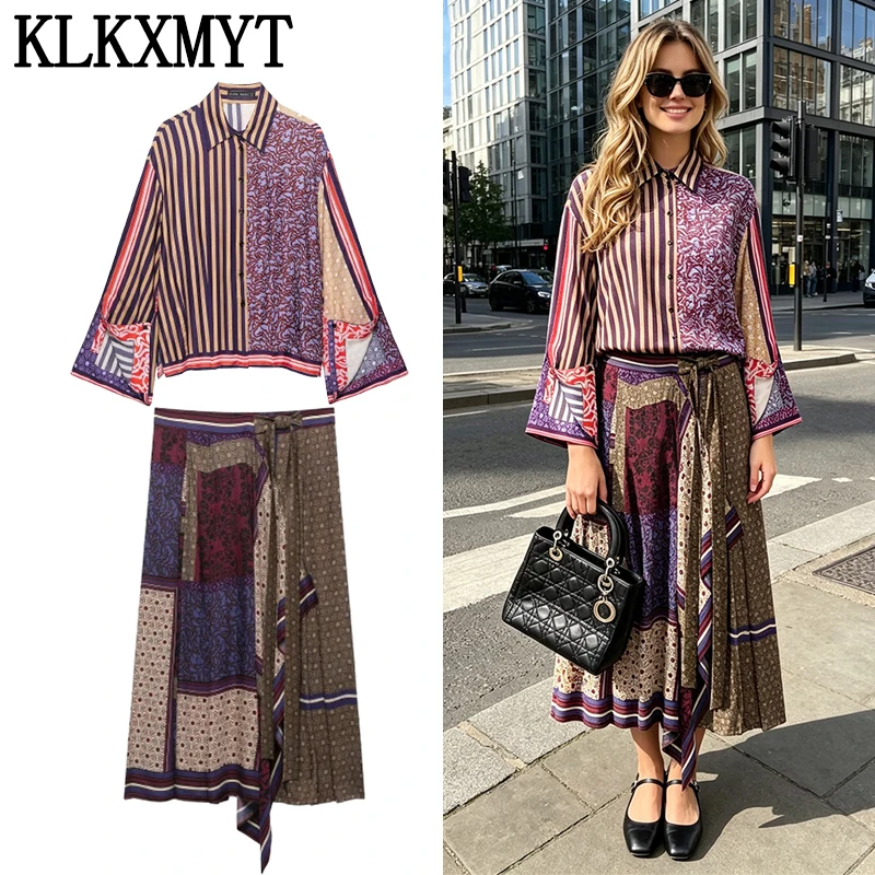 KLKXMYT Elegante, schicke bedruckte Sarong-Röcke, zweiteilige Sets für Damen 2026, Spleiß-Print-Shirt-Top-Anzüge, zweiteilige Outfits für Damen