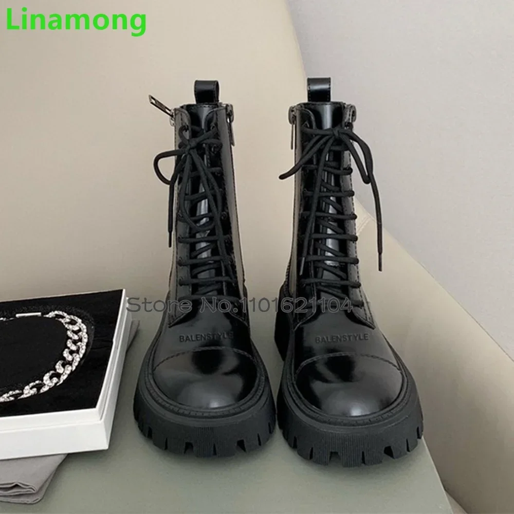 Black Thick Sole Lace-up Luxury Boots For Female Women 2024 Autumn New Round Toe Ankle High Solid Casual Fashion Cool Shoes