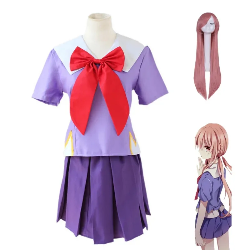 애니메이션 미라이 니키 가사이 유노 로리타 세일러 코스프레 의상 로리 리본 숏 스커트 교복 가발 할로윈 파티복