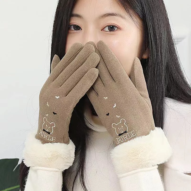 New Winter Keep Warm Plus Cashmere Thicken Touch Screen Plush Wrist Little Bear Embroidery Cartoon Gloves Cycling Cute Lovely