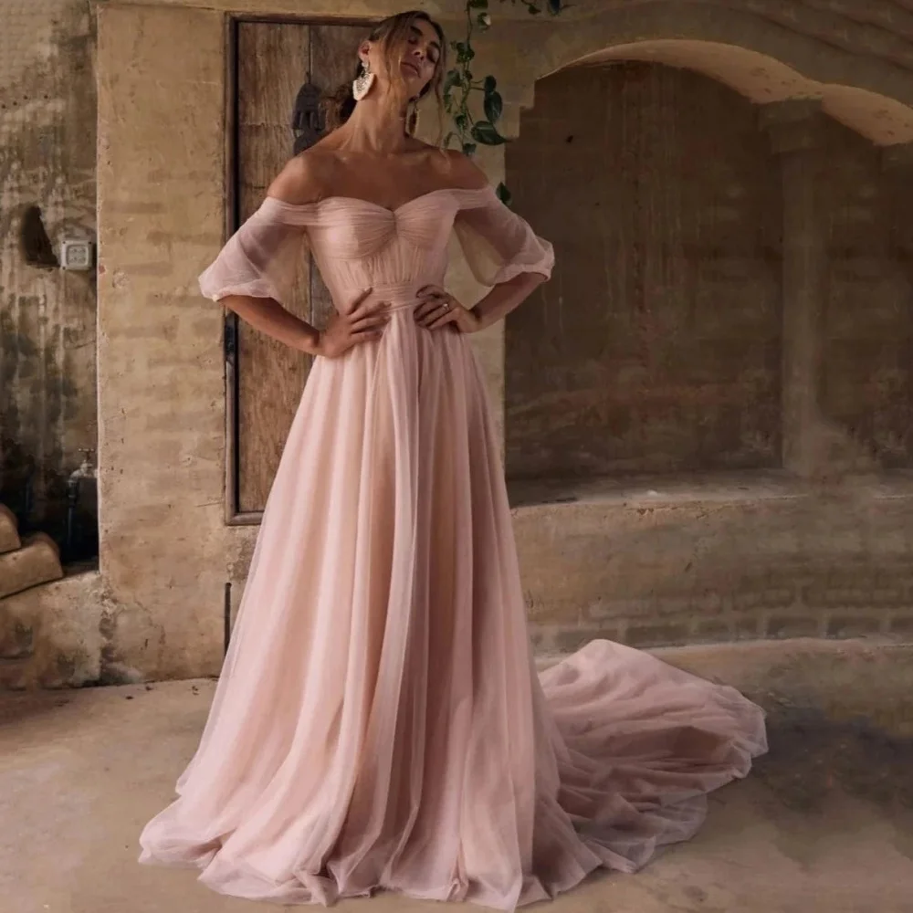 

Pink Party Gowns Sweetheart Customized Prom Dresses Simple Tulle Off Shoulder Evening Dress New Arrival 2025 فساتين سهرة