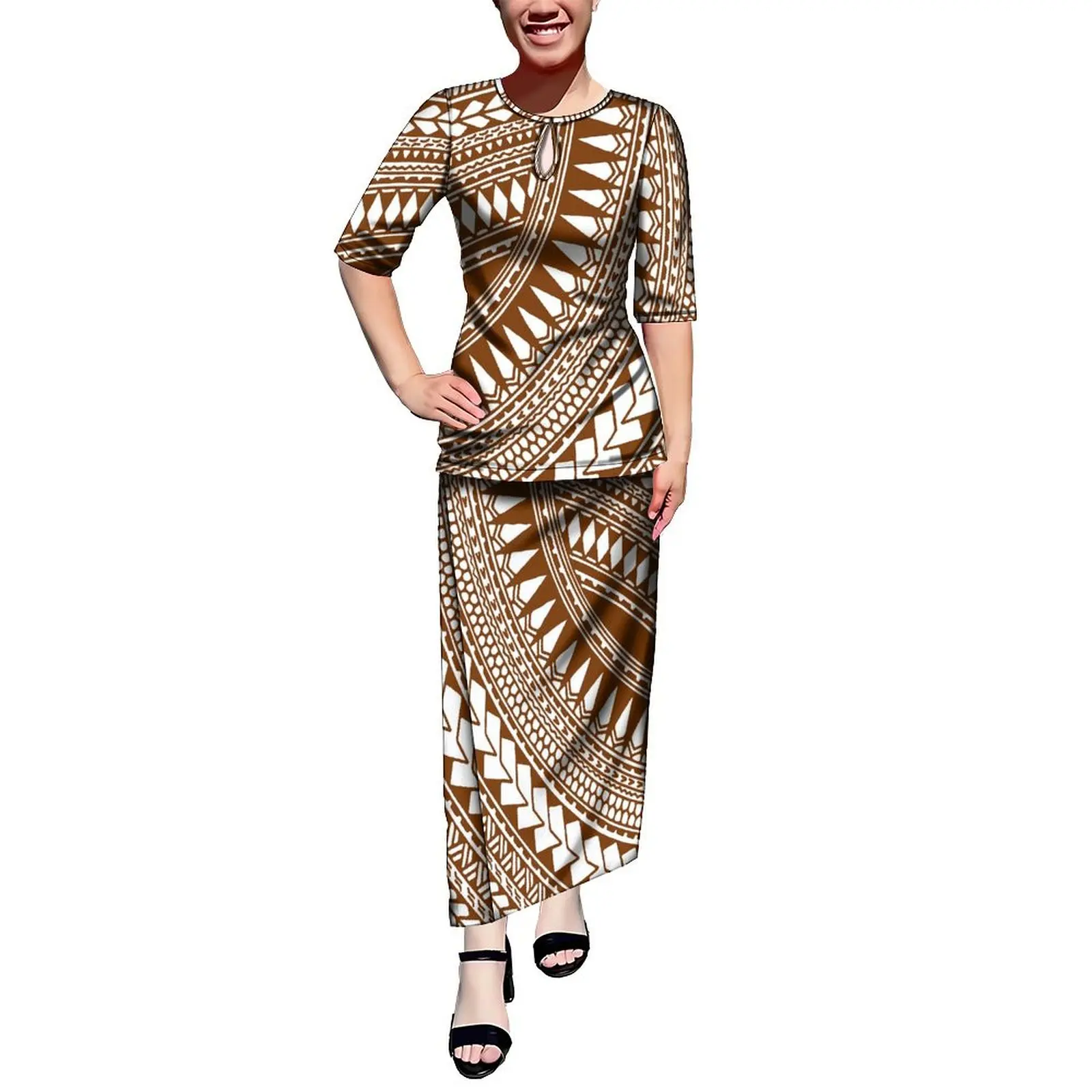 New arrival Customized Water Drop Design Half Sleeve O-Neck Samoan Puletasi Long Dress Women 2 Piece Set Dress