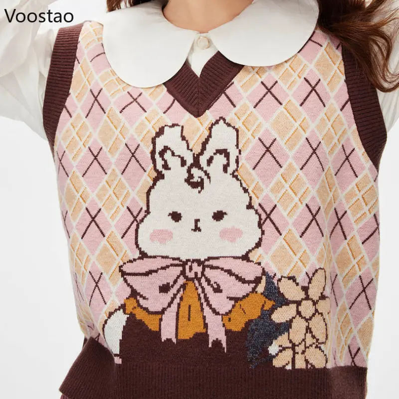 Kawaii Bunny Sweater Vest Spring Autumn Women Sweet V-Neck Cartoon Rabbit Jacquard Knitted Jumpers Crop Tops Female Waistcoat