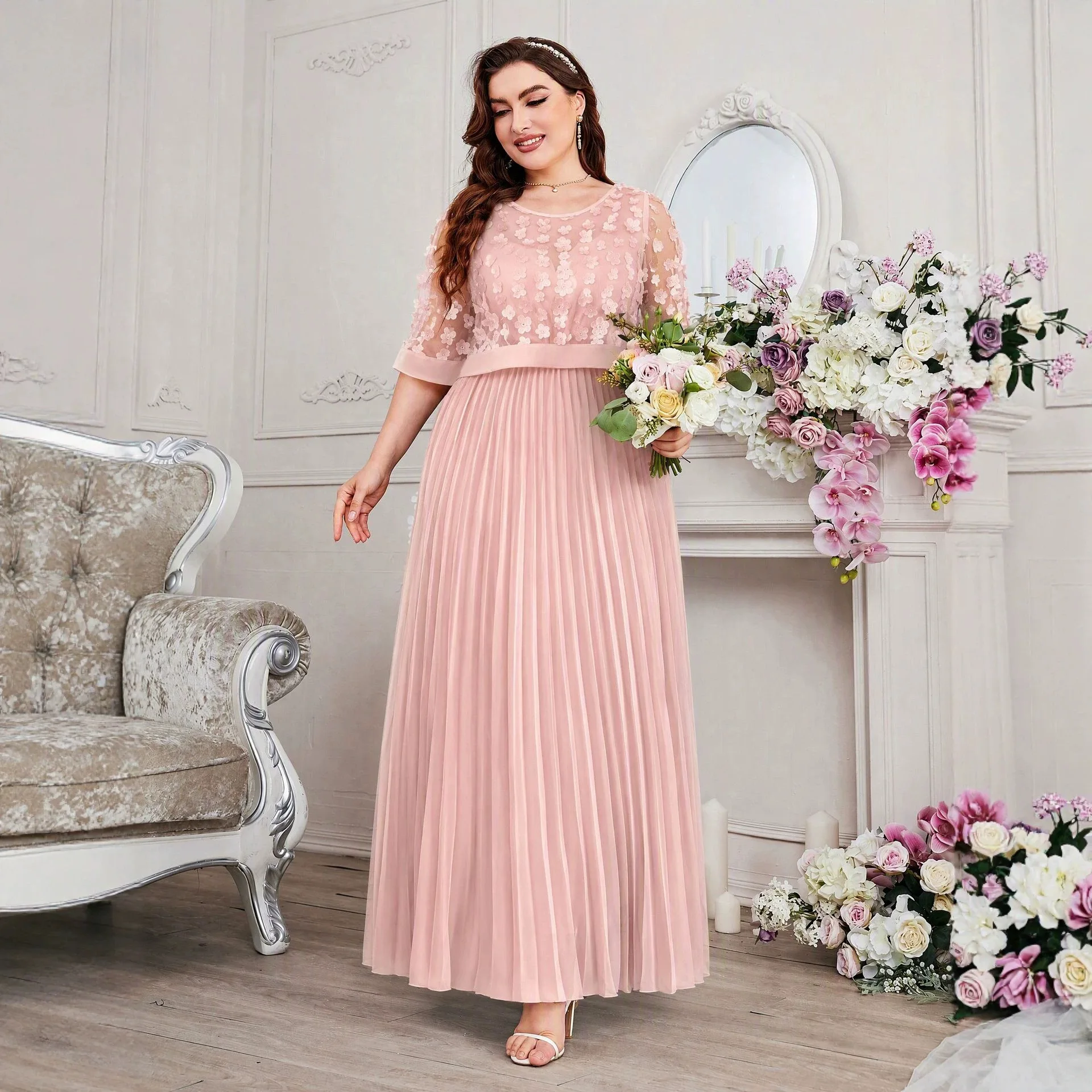 26 Plus. Size. New Mesh Blouse Pleated Tank Top Long Skirt Two-piece Clothes Set Women's Clothing Robe Femme Clothes