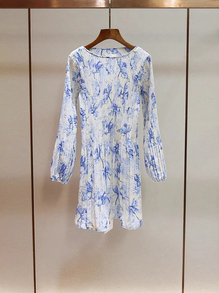 High End Women's Summer New French Style Small Fragrance Design with Pleated Long Sleeved Printed Dress for Women