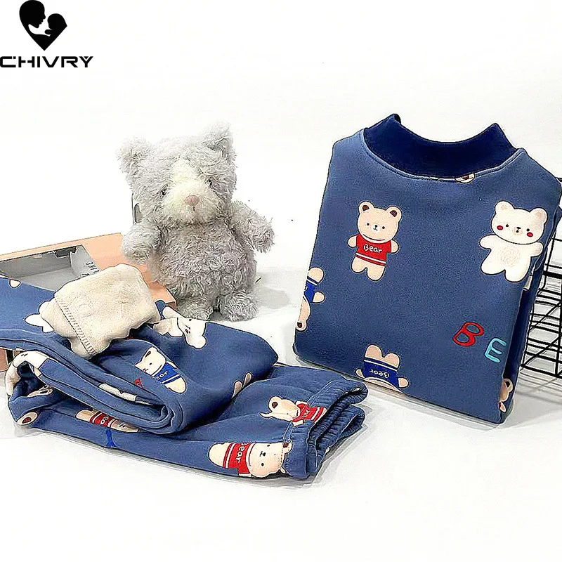 New Kids Autumn Winter Thicken Warm Pajamas Baby Cute Cartoon Bear Long Sleeve O-neck Sleepwear Boys Girls Casual Clothing Sets