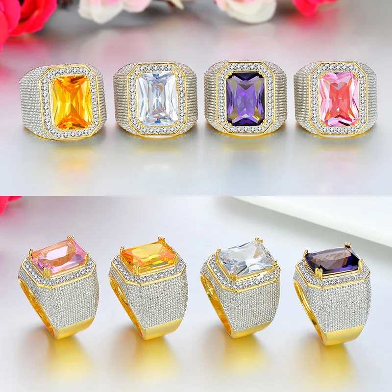 HOYON Coating 14k Gold Ring for Men and Women Purple Pink White Amber Gemstone 925 Silver Color Square AAA Zircon Jewelry Free