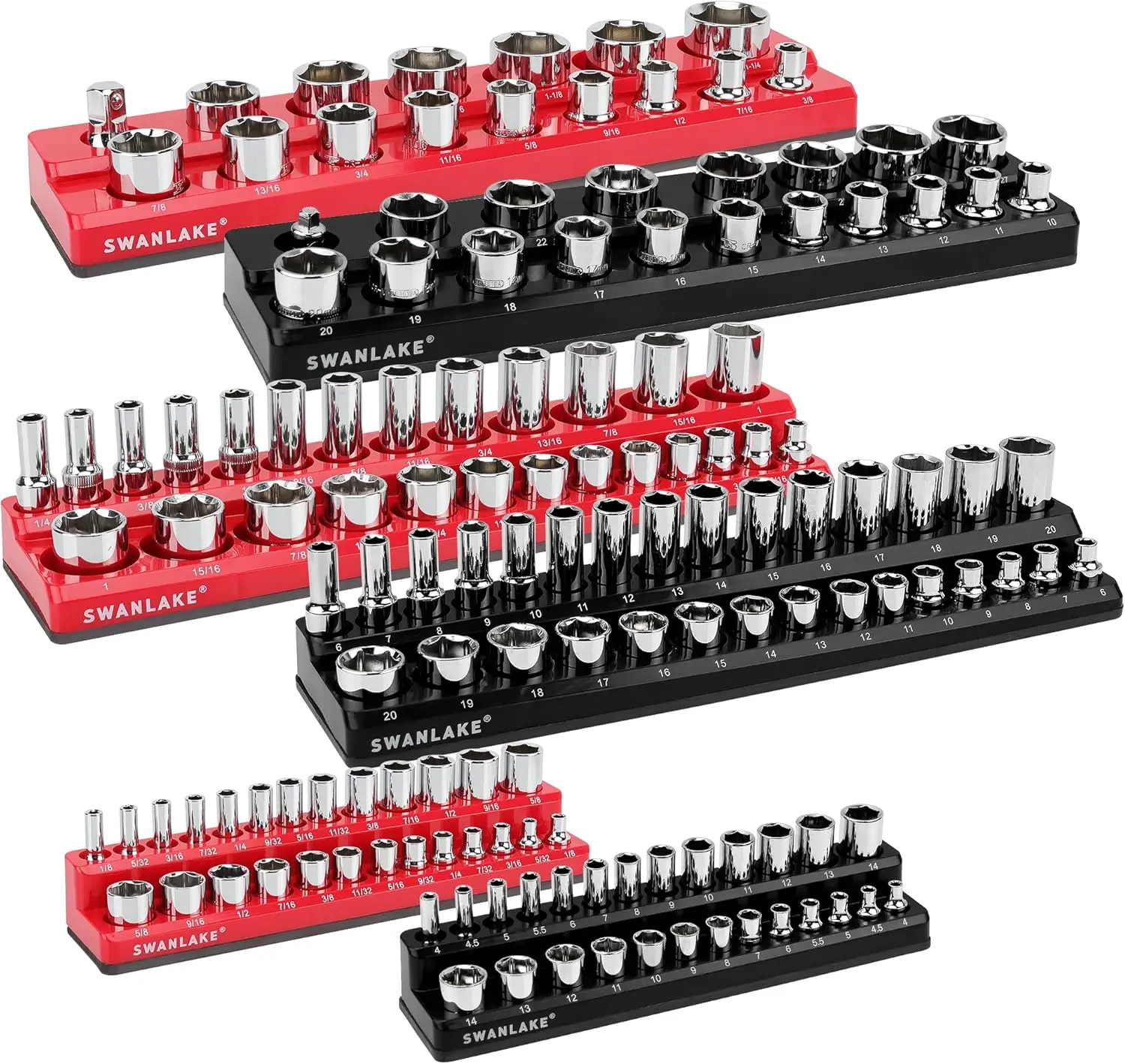 Magnetic Socket Organizer Set, Metric & SAE 1/4" 3/8" 1/2" Drive, Holds 143 Pcs, Heavy Duty ABS, Red Black
