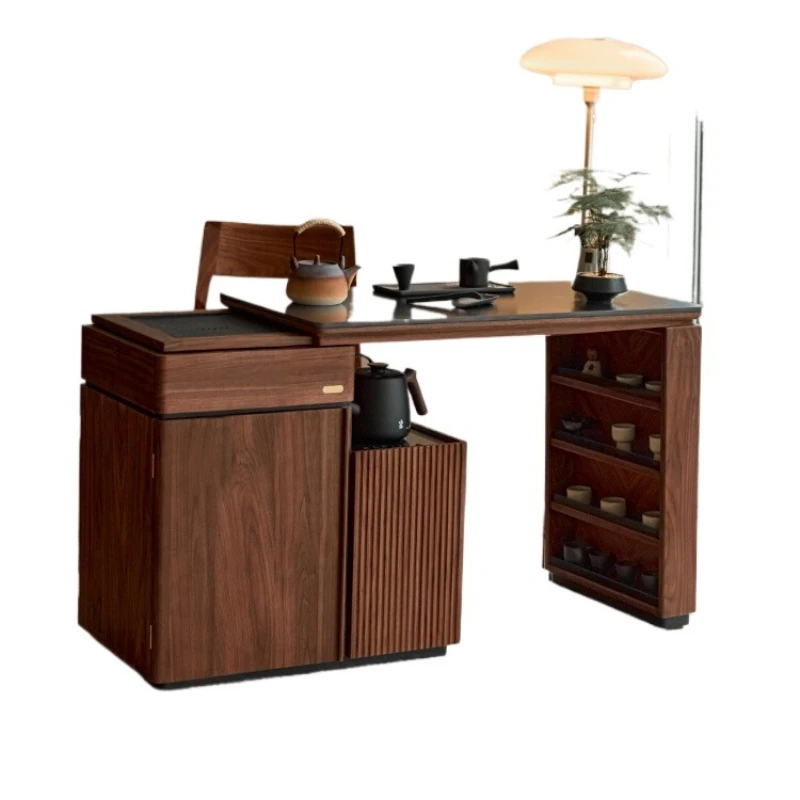 

Solid wood rotating tea table, black walnut retractable balcony tea cabinet