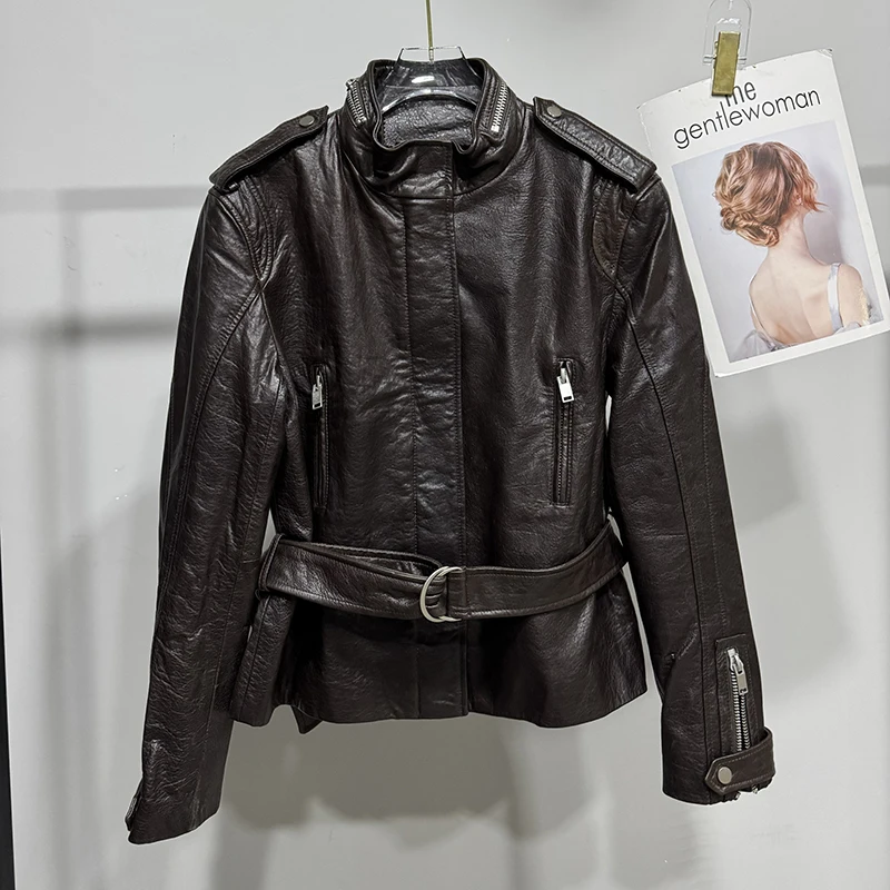 جديد المرأة موتو السائق جاكيت زيبرا الوقوف طوق حزام موضة جلد الغنم فقاعة الجلد معطف جلد طبيعي شامارا بيل موهير #3