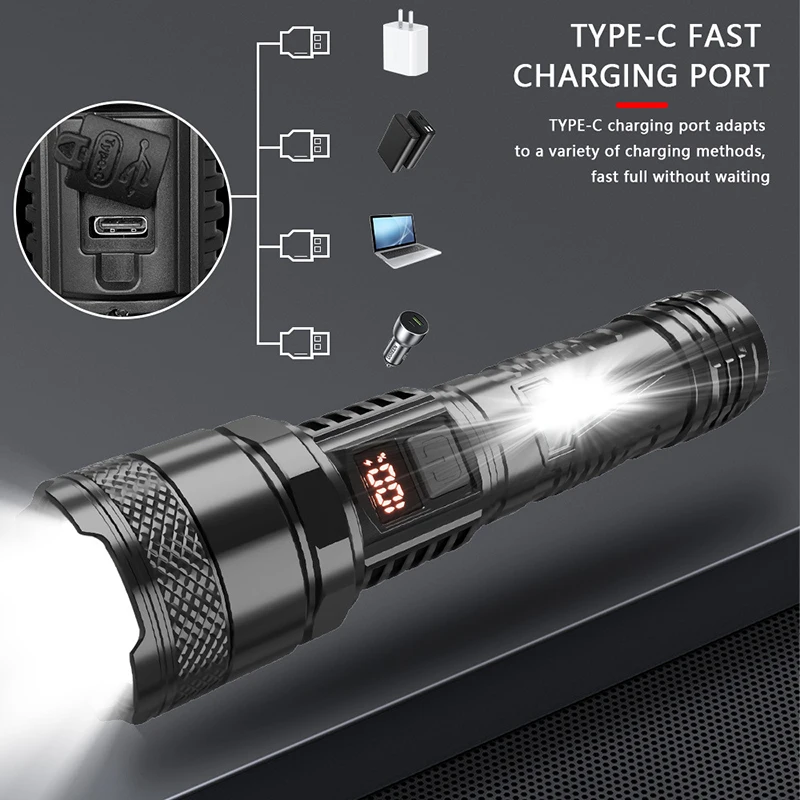 USB new strong LED side light flashlight outdoor portable long-range focus flashlight digital display home