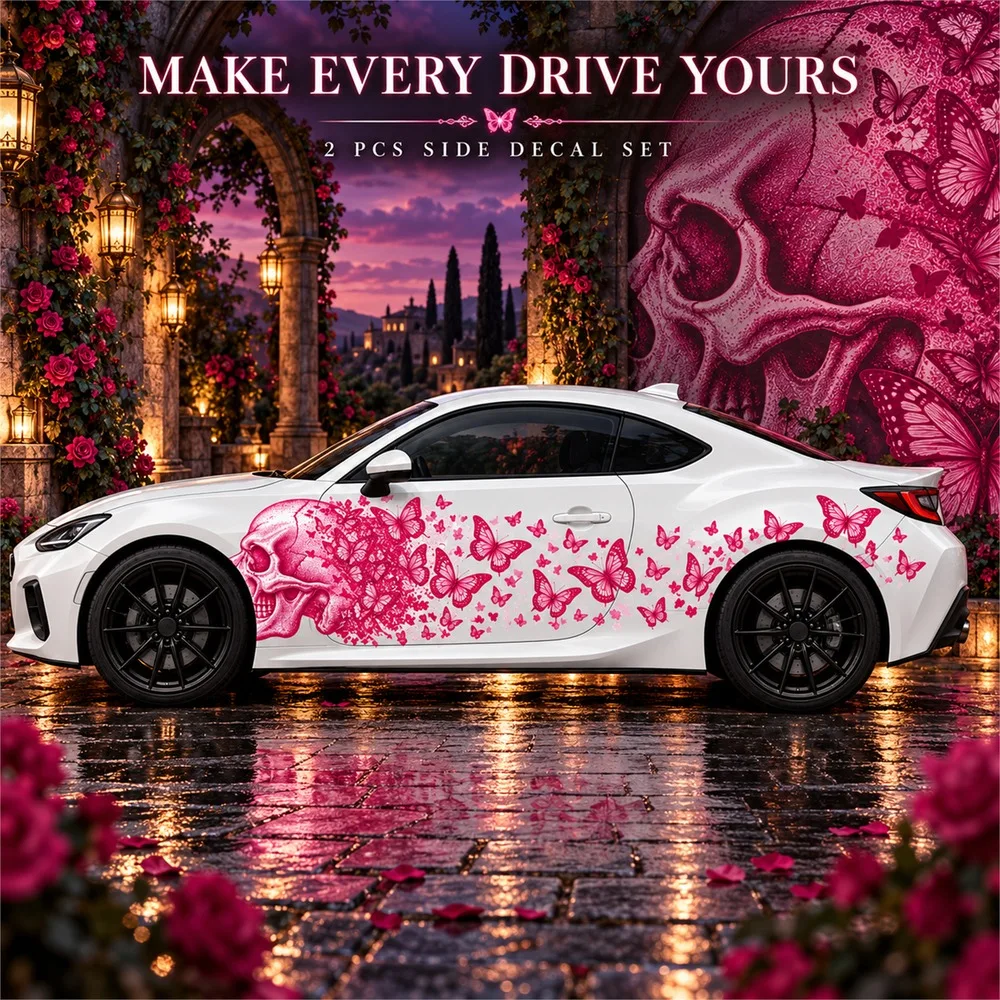2 PCS Pink Skull Butterfly Car Side Decals, Die-Cut Gothic Vinyl Sticker Set