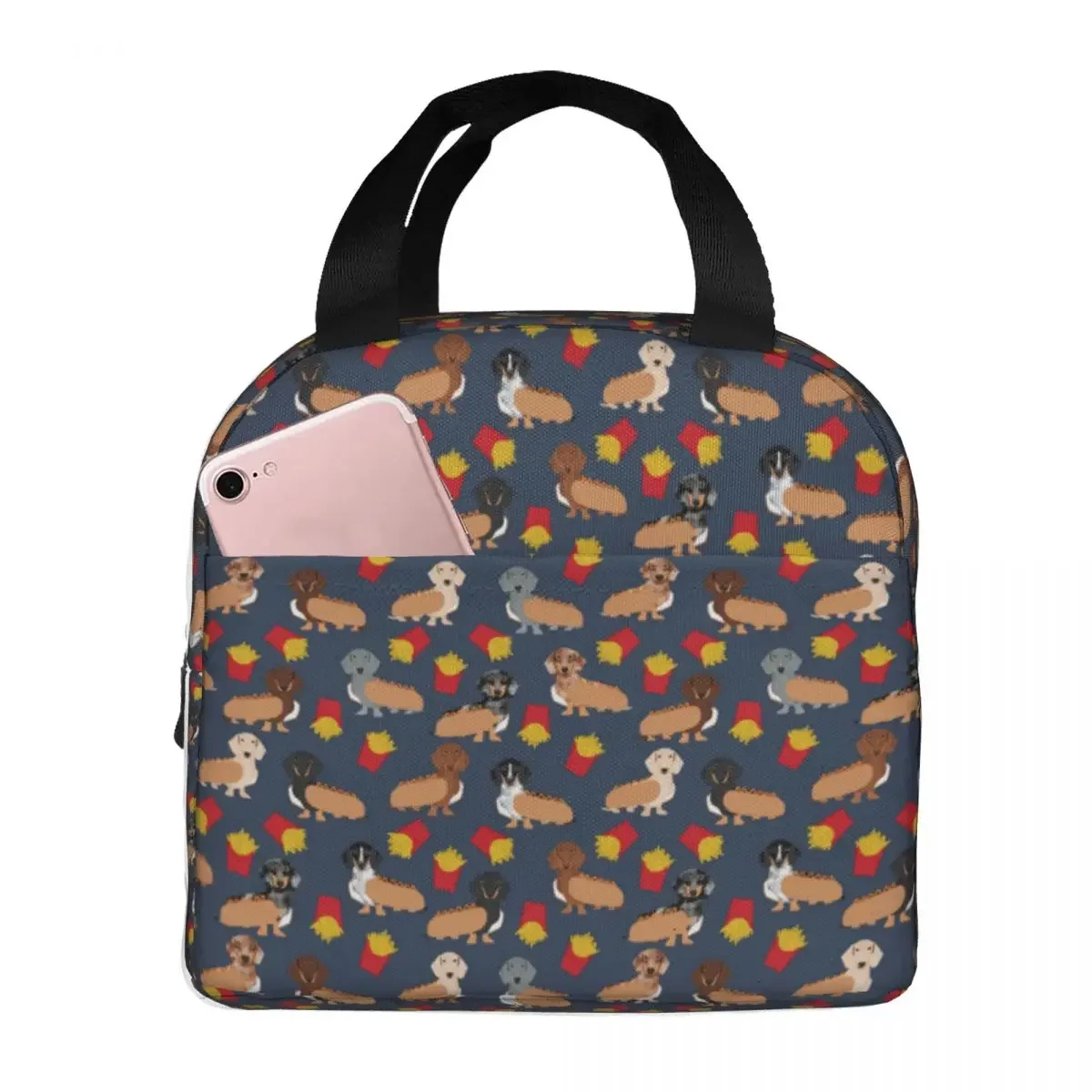 Dachshund And Fries Hot Dog Lunch Bag Portable Insulated Canvas Cooler Bag Animal Thermal Picnic Tote for Women Children