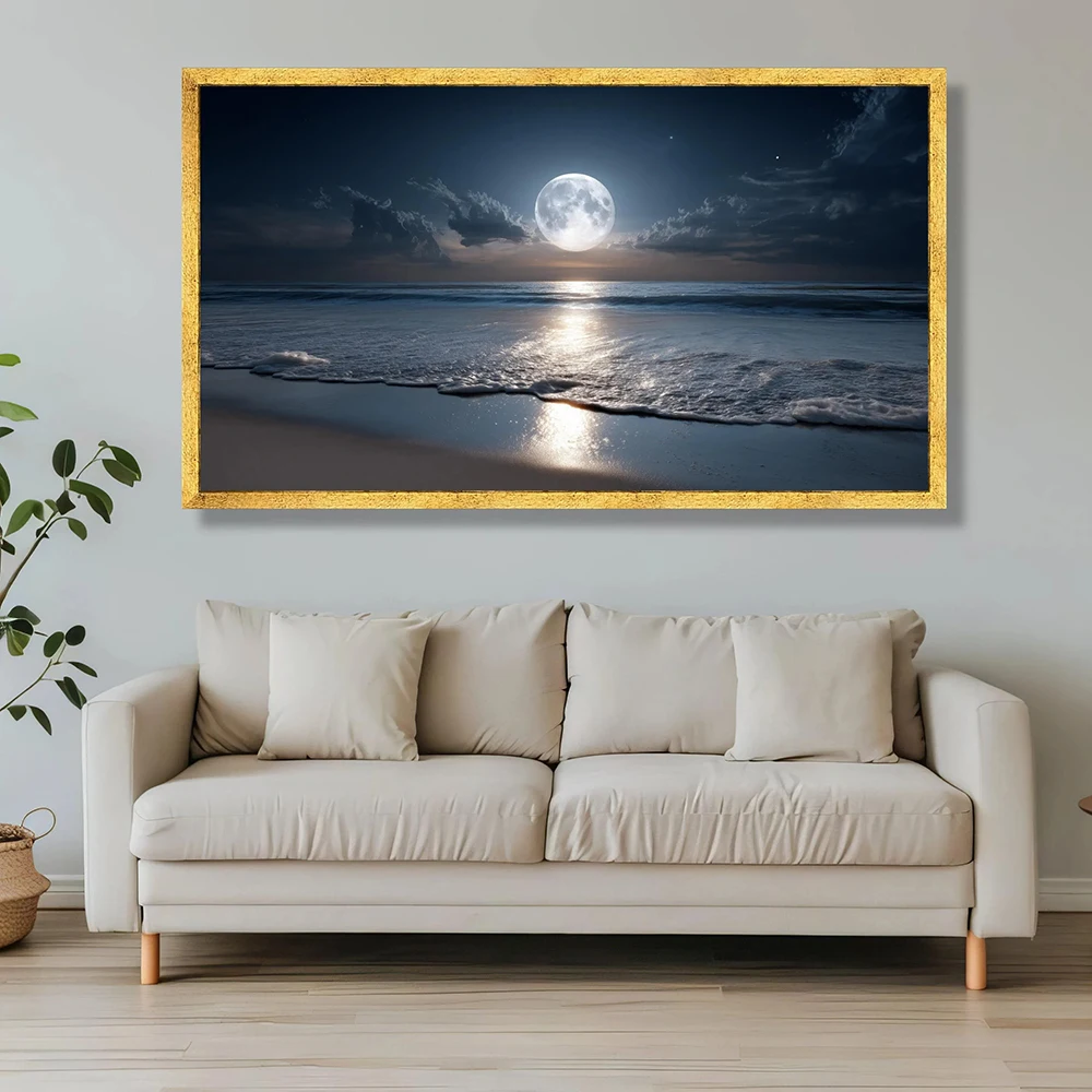 Full Moon Ocean Reflection Canvas, Night Beach Wall Art, Serene Seascape Canvas Print, Tranquil Coastal Decor, No Frame