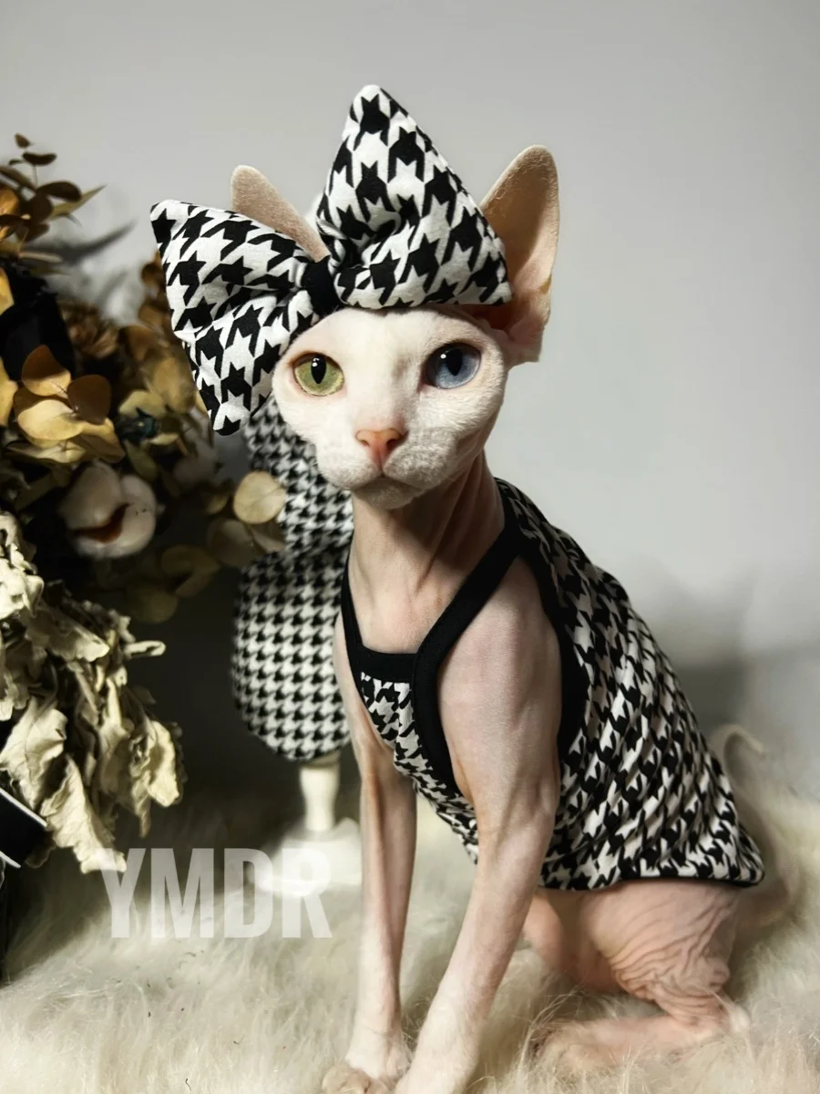 Summer Cotton Vest Hat Suit for Sphynx Cat Cooling Fashion Black Plaid Coat with Bowknot for Kittens Spring for Devon Rex