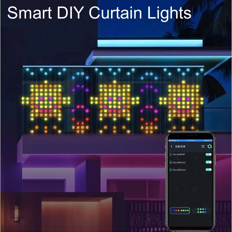 Smart Led Curtain Light Bluetooth App Music Sync DIY Display Picture Text String RGB Colorful Landscape Lighting Decorat