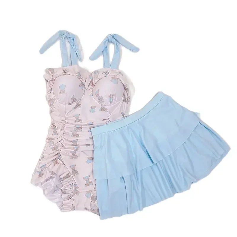 Traje de baño de una pieza con espalda descubierta para niñas Lolita, traje de baño con estampado de oso bonito, Monokini con almohadilla, traje de baño Trikini con lazo