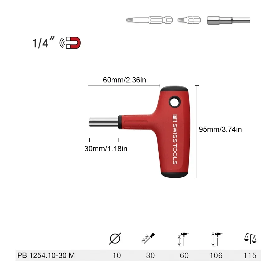 PB 1254.10-30M SWISS T-Shaped Screwdriver Handle Short pole with Strong Magnetic for C6.3 and E6.3 1/4