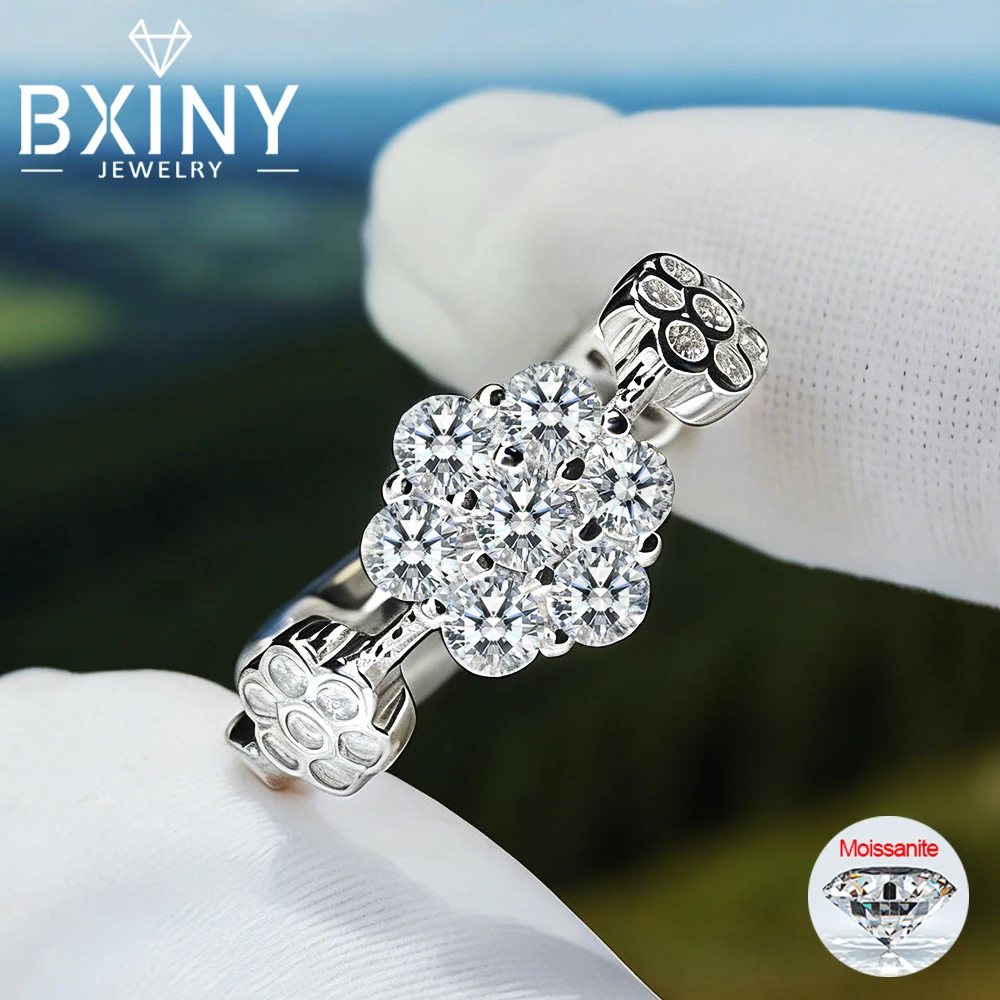 

BXINY All Moissanite Flower Ring 925 Sterling Silver for Women 5-flower Diamond Wedding Row Band Fine Jewelry Gift GRA Certified