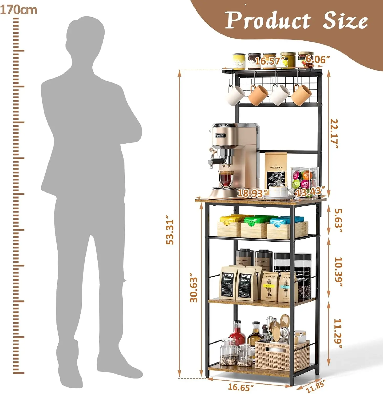 

5 Tier Coffee Bar Station, Kitchen Stand with 4 S-Shaped Hooks, Farmhouse Corner Coffee Bar Cabinet for Small Spaces,Hot Sale