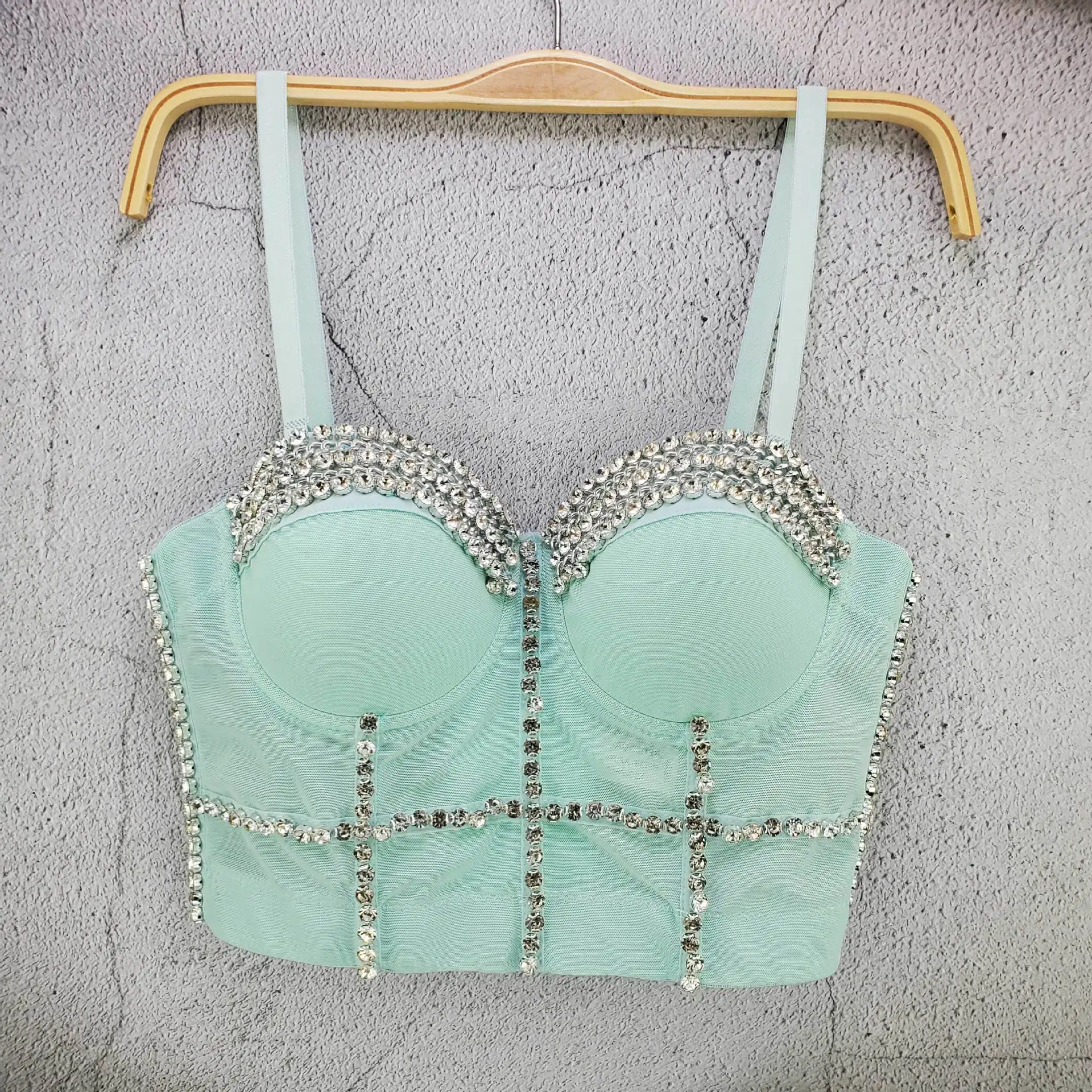 J110 ドロップシップグリーンピンク美しいブラジャー女の子のための女性の下着スイートメモリー手作りラインストーンタンクキャミソールベスト、キャミソール