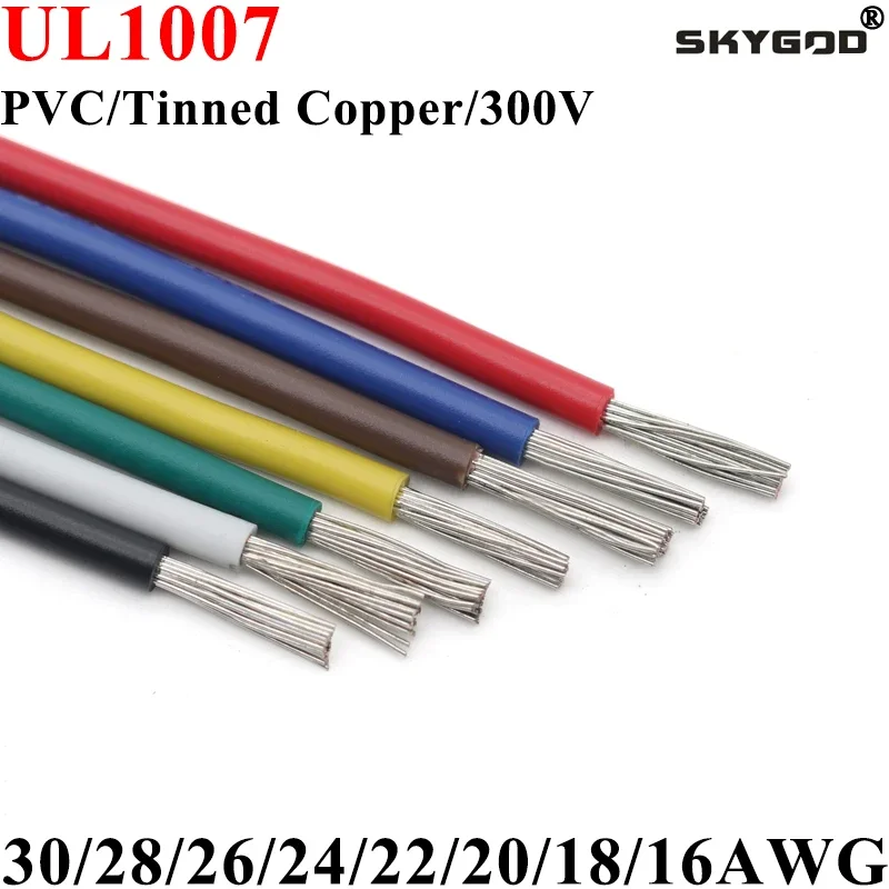 2/10M 30 28 26 24 22 20 18 16 AWG UL1007 Electric Wire PVC Insulated Tinned Copper Cable LED Lamp Lighting Line 300V