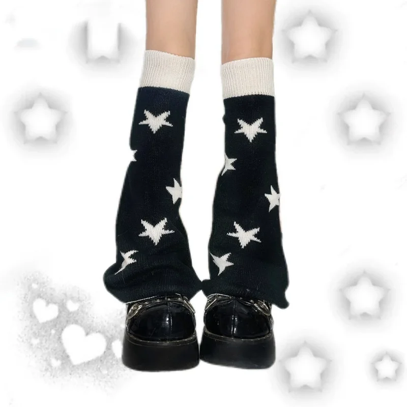 Hikigawa Chic Fashion Women Autumn Winter Japanese Black Whiter Stars Knitted Leg Warmers Y2k Contrast Color Pile Up Socks Mujer