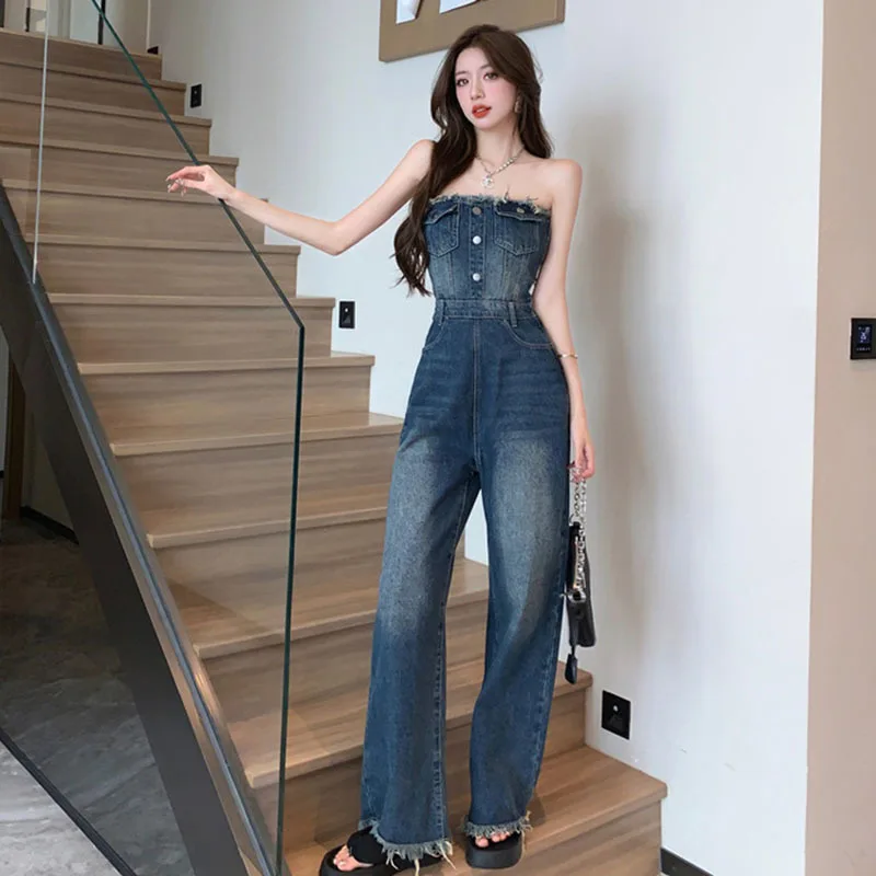 

Elegant Women's Strapless Sleeveless Strapless Full Length Blue Backless Tube Top Denim Jumpsuit High Waist Wide Leg Overalls