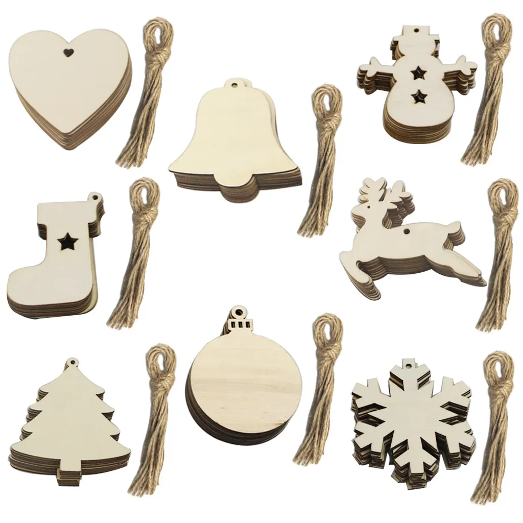 10PCS Christmas Tree Ornaments Wood Hanging Ornaments Round Heart Snowflake Bell Shaped for DIY Christmas Tree Decoration