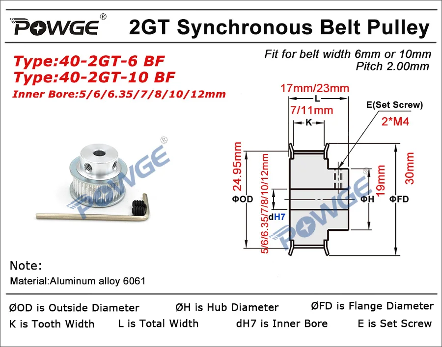 POWGE 40 Teeth 2GT 2M Timing Pulley Bore 5/6/6.35/7/8/10/12mm for GT2 Synchronous belt width 6/9mm small backlash 40Teeth 40T