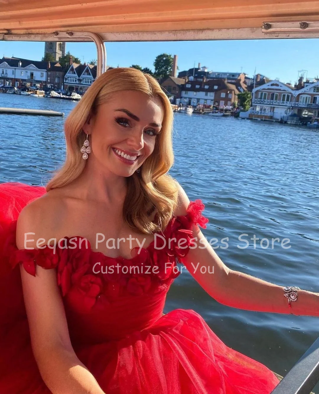 Eeqasn Red 3D kwiaty Prom sukienek linia suknie wieczorowe Tulle kobiety formalna sukienka Off Shoulder Celebrity suknie ślubne