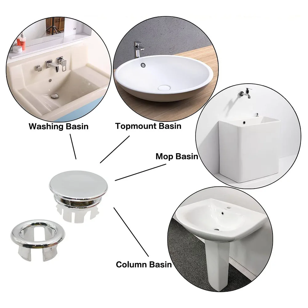 

Bathroom Kit Sink Spare Parts Silver 8pc ABS Plastic Basin Chrom Cover Hole Overflow Ring Decorative Accessories
