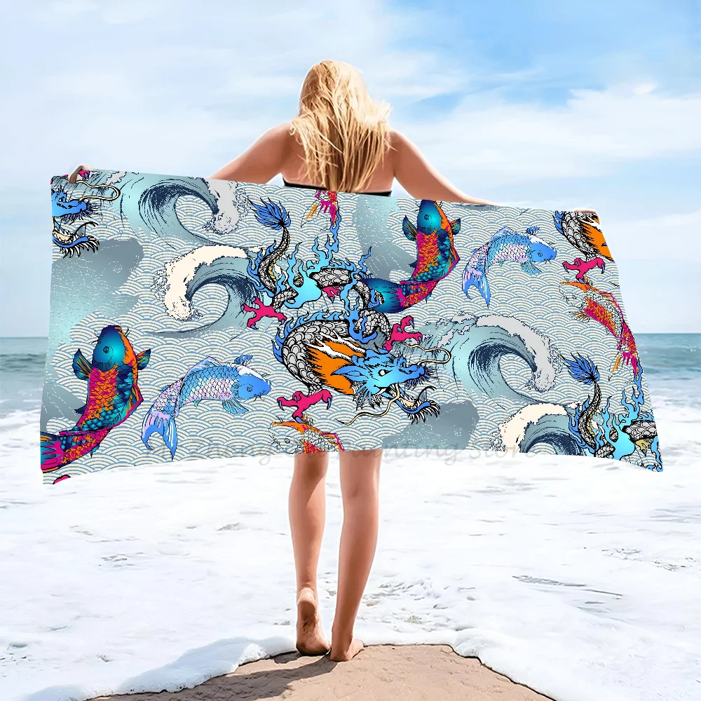 

Полотенце из микрофибры с изображением карпа и дракона, быстросохнущее детское пляжное одеяло, мягкое полотенце унисекс для кемпинга и бассейна, 1 шт.