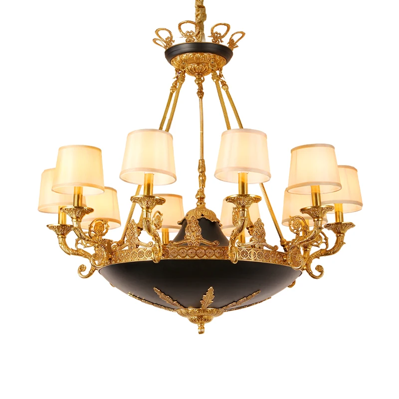 

European Luxury Villa Hotel Living Room Pendant Light French Dome Black Brass Fabric shade Chandelier