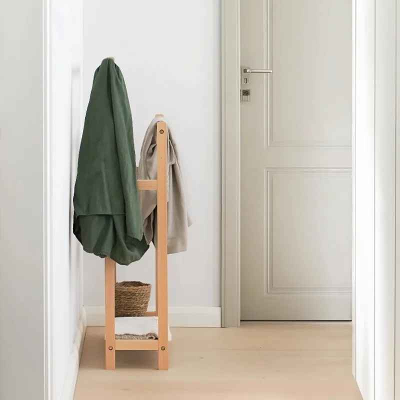 Simple solid wood floor-to-ceiling parallel bar hanger, bedroom bedside coat rack does not take up space, entrance storage hange