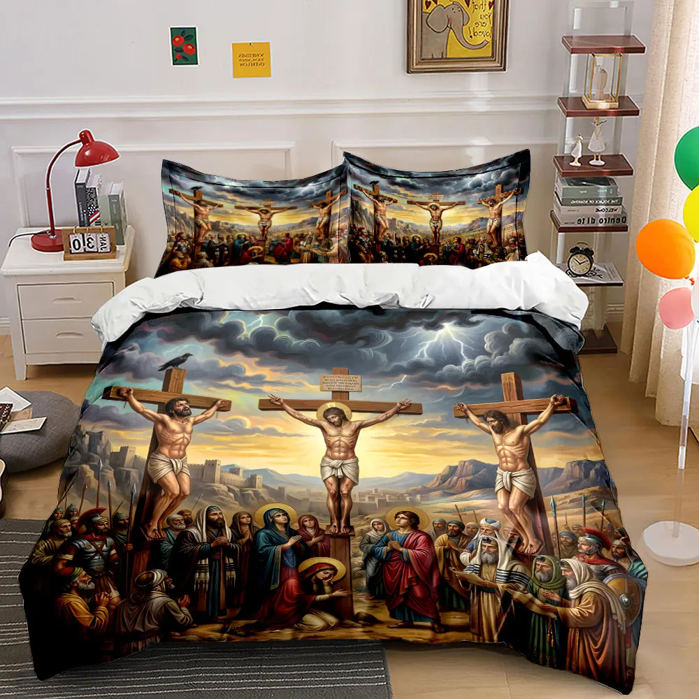 

Three crucifixions, crowd praying Duvet Cover Set with 3D Printing Design Soft Polyester Bedding Set All-Season Comfort