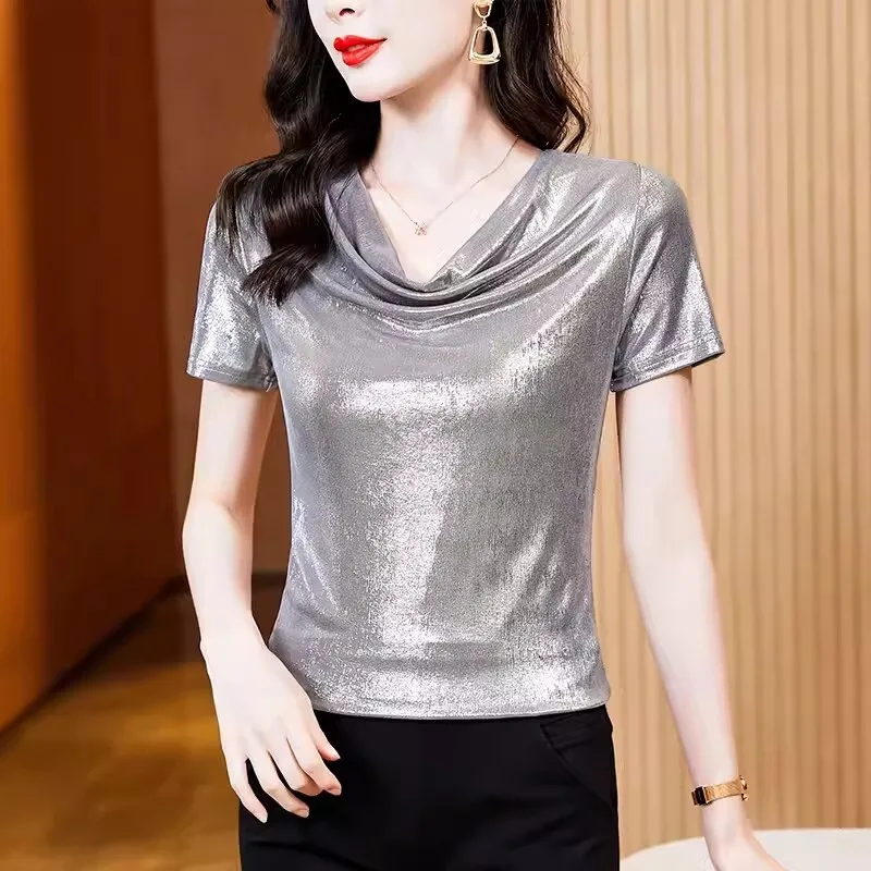 #7185 Black Silver Shinny Short Sleeve T Shirt Women Folds Sexy Party Short Skinny Office Elegant Tee Shirt Femme V-neck Summer