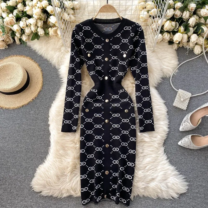 

2024 New Autumn Winter Women Knitted Dress Brand Fashion Geometric Print Bodycon Sweater Dress Lady Office Long Dress