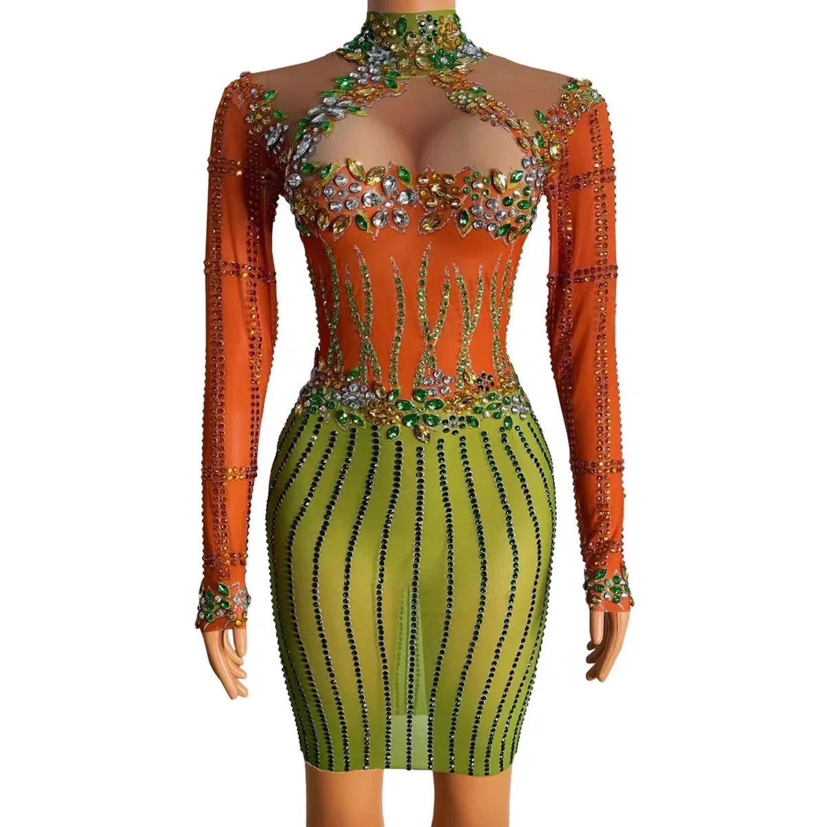 

Green Orange Tight Transparent Full Diamond Short Skirt Nightclub Bar DJ Female Singer Dance Team Sexy Stage Performance Dress