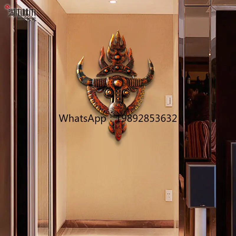 Creative wooden animal cow head wall decoration homestay wood carving living room wall decoration