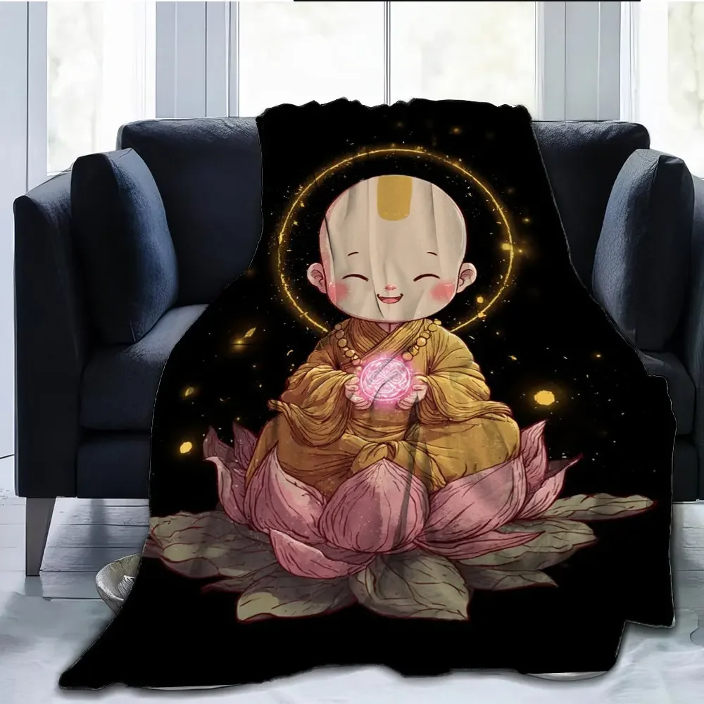 Cartoon monk with lotus flower pattern Flannel printed blanket suitable for all seasons for living room office sofa and travel
