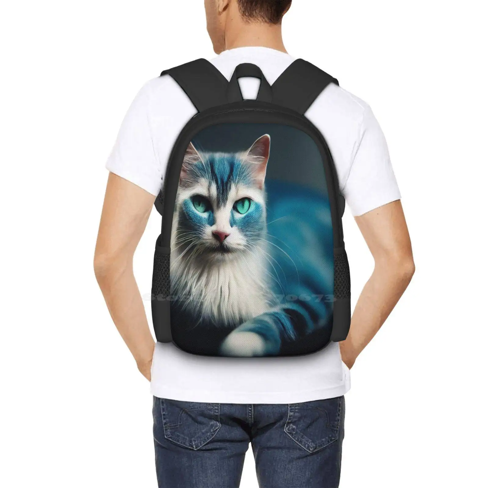 Blue And White Cat New Arrivals Unisex Bags Student Bag Backpack Blue White Cat