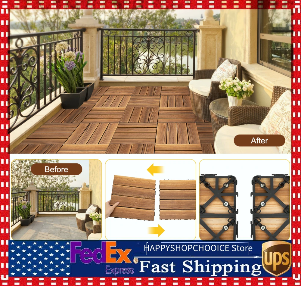 

36Pcs Hardwood Interlocking Patio Deck Tiles Wood Flooring DIY Outdoor 12''x12'' Brown Camphor Pine Wood for Indoor or Outdoor