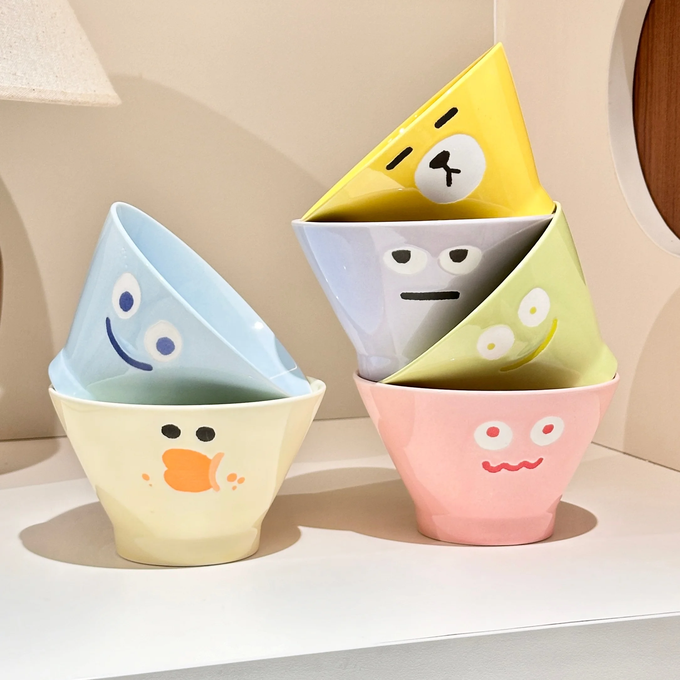 Kase Pcs 5 Inch Cute Emoji Ceramic Hat-shaped Bowls，for Rice, Breakfast,