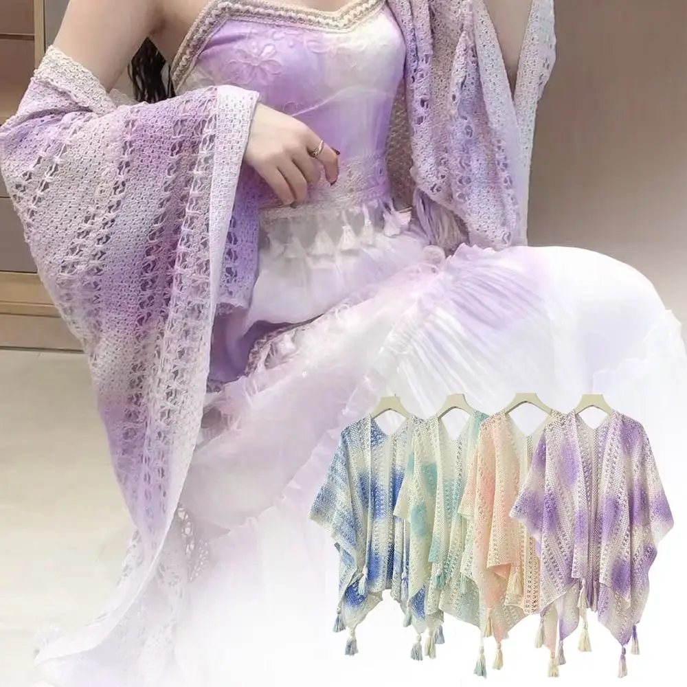 

Trendy Tie Dye Knitted Hollow Out Shawl Ethnic Style Bohemian Cardigan Tassel Shawl Versatile Mongolian Poncho